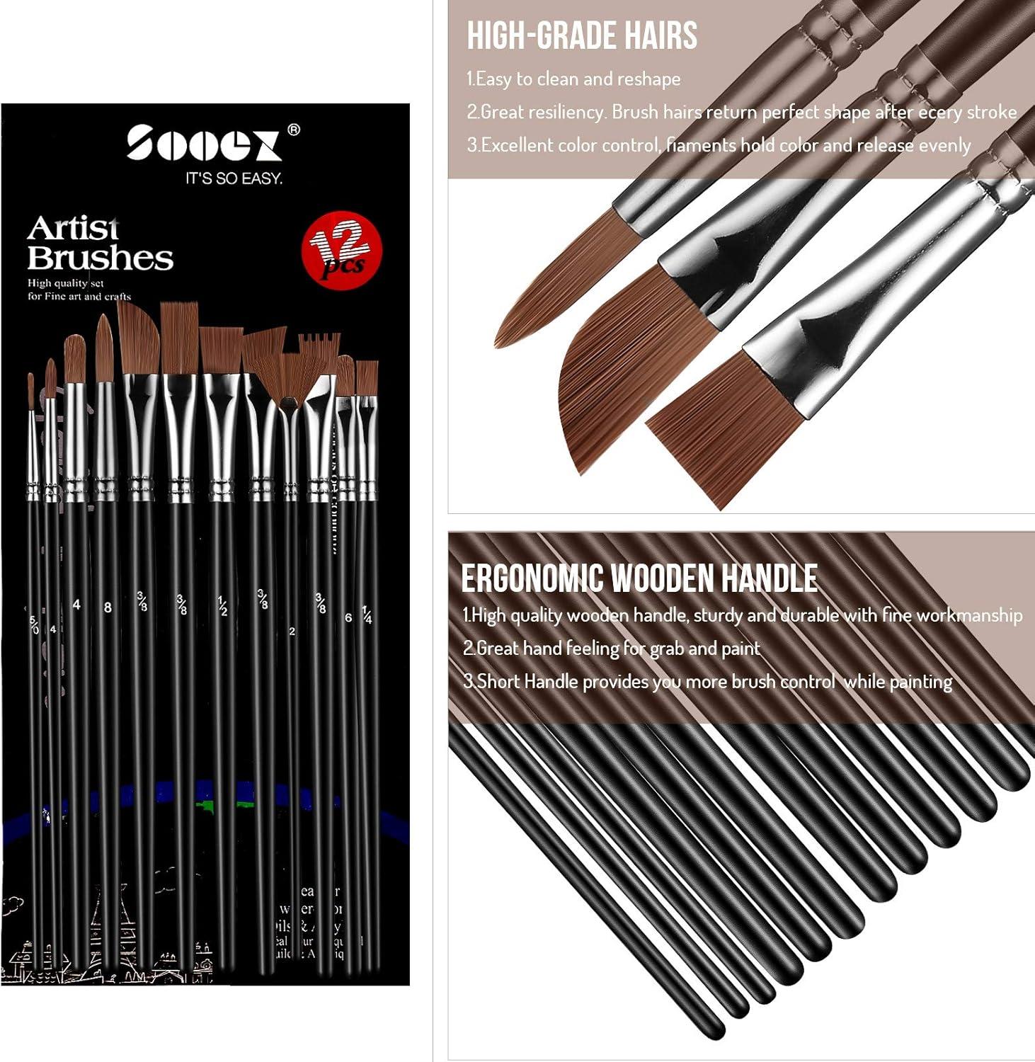 imageSooez 12Pcs Professional Art Paint Brushes Set 12 DifferentSize Brush for Acrylic Oil Watercolor 7 Shapes for Body Nail Face Painting Arts Crafts Supplies for Beginners Artists Adult Kids