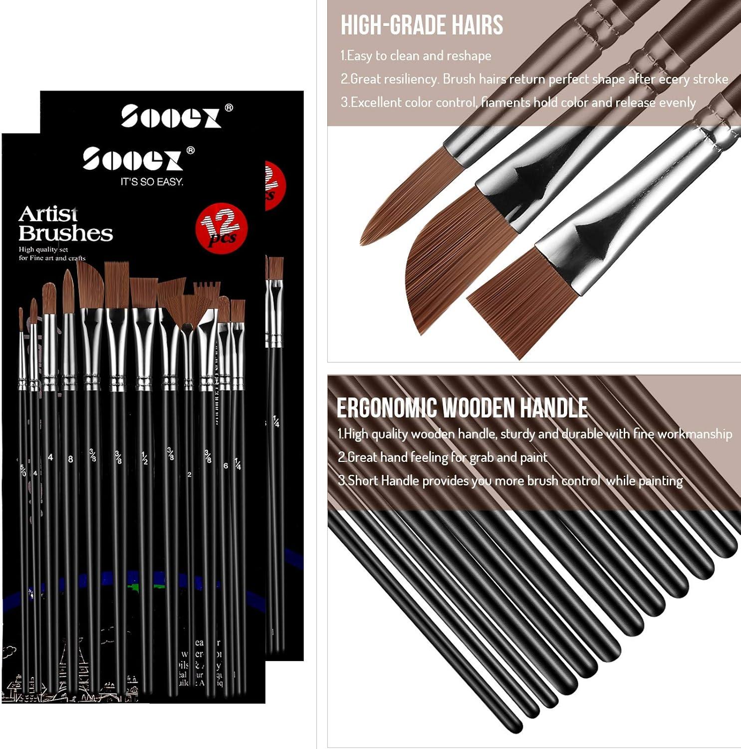 imageSooez 24Pcs Professional Art Paint Brushes Set 12 DifferentSize Brush for Acrylic Oil Watercolor 7 Shapes for Body Nail Face Painting Arts Crafts Supplies for Beginners Artists Adult Kids