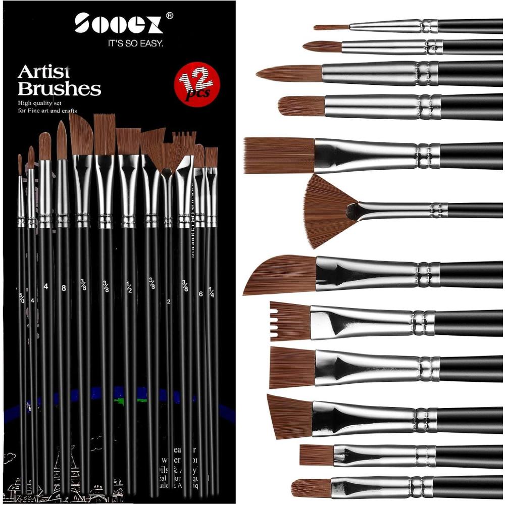 imageSooez 12Pcs Professional Art Paint Brushes Set 12 DifferentSize Brush for Acrylic Oil Watercolor 7 Shapes for Body Nail Face Painting Arts Crafts Supplies for Beginners Artists Adult Kids