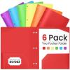 imageSooez 6 Pack Folders with Pockets 3 Hole Punched Plastic Pockets Folders for 3 Ring Binder with Labels Heavy Duty Binder Folder 2Pocket Folder for Document Colored File Folders Letter SizeBright