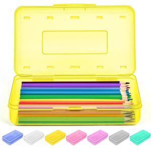 imageSooez 1 Pack Clear Pencil Box Large Plastic Pencil Case Crayon Box Colored Hard Pencil Case Organizer Maker Organizer with Lid Small Art Craft Storage Containers Pen Box for for Boys School BlueYellow