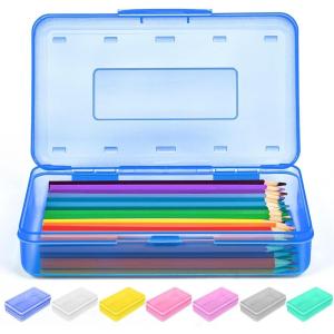 imageSooez 1 Pack Clear Pencil Box Large Plastic Pencil Case Crayon Box Colored Hard Pencil Case Organizer Maker Organizer with Lid Small Art Craft Storage Containers Pen Box for for Boys School BlueANavy blue