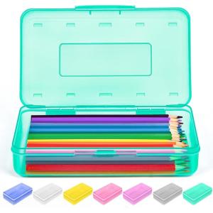 imageSooez 1 Pack Clear Pencil Box Large Plastic Pencil Case Crayon Box Colored Hard Pencil Case Organizer Maker Organizer with Lid Small Art Craft Storage Containers Pen Box for for Boys School BlueTurquoise