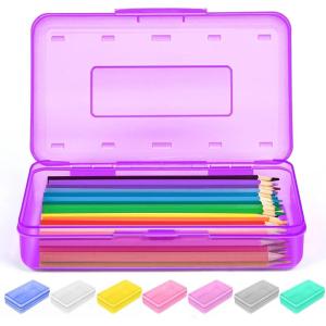 imageSooez 1 Pack Clear Pencil Box Large Plastic Pencil Case Crayon Box Colored Hard Pencil Case Organizer Maker Organizer with Lid Small Art Craft Storage Containers Pen Box for for Boys School BluePurple