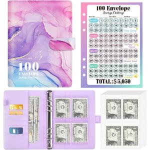 imageSooez 100 Envelopes Money Saving challenge with Reusable Tracker Savings Challenges Book with Envelopes A5 Money Saving Binder with Cash Envelopes Challenge Kit Fun Way to Save 5050Purple MarblePurple Marble