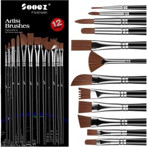 imageSooez 12Pcs Professional Art Paint Brushes Set 12 DifferentSize Brush for Acrylic Oil Watercolor 7 Shapes for Body Nail Face Painting Arts Crafts Supplies for Beginners Artists Adult Kids
