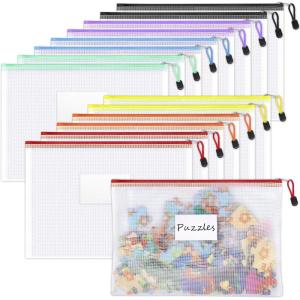 imageSooez 20 Pack Mesh Zipper Pouch with Label Pocket Plastic Zip File Folders Letter Size A4 Zipper Document Bag for Teacher School Office Supplies Classroom Organization Board Game StorageBlack14 Pack