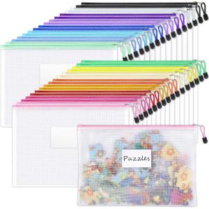 imageSooez 20 Pack Mesh Zipper Pouch with Label Pocket Plastic Zip File Folders Letter Size A4 Zipper Document Bag for Teacher School Office Supplies Classroom Organization Board Game StorageBlack32 Pack