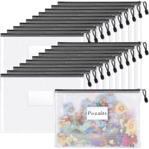 imageSooez 20 Pack Mesh Zipper Pouch with Label Pocket Plastic Zip File Folders Letter Size A4 Zipper Document Bag for Teacher School Office Supplies Classroom Organization Board Game StorageBlack20 Pack All Black