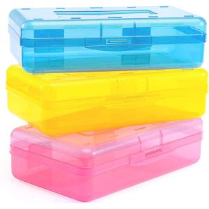 imageSooez 3 Pack Pencil Case Large Hard Pencil Box Bulk Clear Crayon Box Marker Pen Organizer Plastic Storage Container with Snap Lid Stackable Art Craft Organizer Back to School SuppliesBlue  Yellow  Pink