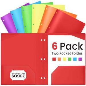 imageSooez 6 Pack Folders with Pockets 3 Hole Punched Plastic Pockets Folders for 3 Ring Binder with Labels Heavy Duty 2Pocket Binder Folder for Document Colored File Folders Letter SizeBright