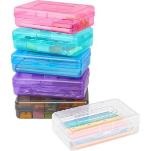 imageSooez 6 Pack Pencil Box Hard Pencil Boxes for School Supplies Bulk Large Plastic Pencil Case with Lid Clear Pencil Container Stackable School Boxes Crayon Boxes Bulk for KidsMulticolor