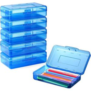 imageSooez 6 Pack Pencil Box Hard Pencil Boxes for School Supplies Bulk Large Plastic Pencil Case with Lid Clear Pencil Container Stackable School Boxes Crayon Boxes Bulk for KidsNavy Blue