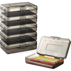 imageSooez 6 Pack Pencil Box Hard Pencil Boxes for School Supplies Bulk Large Plastic Pencil Case with Lid Clear Pencil Container Stackable School Boxes Crayon Boxes Bulk for KidsDark Gray
