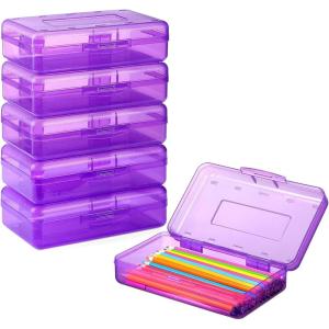 imageSooez 6 Pack Pencil Box Hard Pencil Boxes for School Supplies Bulk Large Plastic Pencil Case with Lid Clear Pencil Container Stackable School Crayon Boxes Bulk for KidsPurple