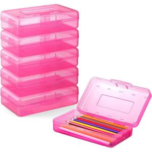 imageSooez 6 Pack Pencil Box Hard Pencil Boxes for School Supplies Bulk Large Plastic Pencil Case with Lid Clear Pencil Container Stackable School Crayon Boxes Bulk for KidsPink
