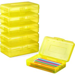 imageSooez 6 Pack Pencil Box Hard Pencil Boxes for School Supplies Bulk Large Plastic Pencil Case with Lid Clear Pencil Container Stackable School Crayon Boxes Bulk for KidsYellow