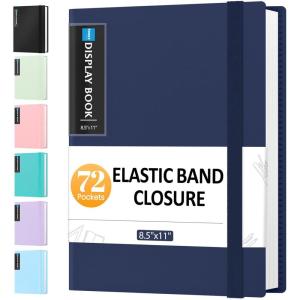 imageSooez 72 Pocket Binder with Plastic Sleeves ampamp Elastic Band Large Capacity 85x11 Presentation Book Display 144 Pages Art Portfolio Document Folder with Clear Sheet Protectors for Office SchoolDark Blue