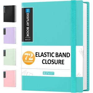 imageSooez 72 Pocket Binder with Plastic Sleeves ampamp Elastic Band Large Capacity 85x11 Presentation Book Display 144 Pages Art Portfolio Document Folder with Clear Sheet Protectors for Office SchoolAqua