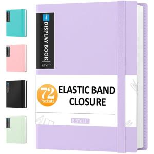 imageSooez 72 Pocket Binder with Plastic Sleeves ampamp Elastic Band Large Capacity 85x11 Presentation Book Display 144 Pages Art Portfolio Document Folder with Clear Sheet Protectors for Office SchoolPurple
