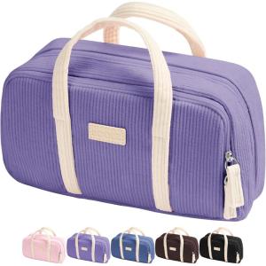 imageSooez Large Pencil Case Pouch Extra Big Pencil Bag with 5 Compartments Pen Case Wide Opening Soft Corduroy Pen Bag Organizer with Zipper Cute Aesthetic School Supplies for Teen Girls PinkPurple with Beige Handle