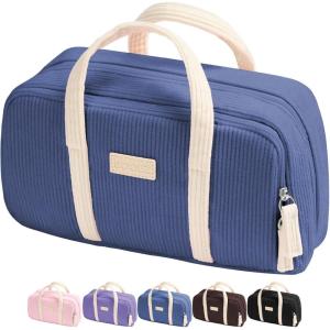 imageSooez Large Pencil Case Pouch Extra Big Pencil Bag with 5 Compartments Pen Case Wide Opening Soft Corduroy Pen Bag Organizer with Zipper Cute Aesthetic School Supplies for Teen Girls PinkBlue with Beige Handle