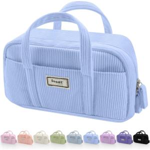 imageSooez Large Pencil Case Pouch Extra Big Pencil Bag with 5 Compartments Pen Case Wide Opening Soft Corduroy Pen Bag Organizer with Zipper Cute Aesthetic School Supplies for Teen Girls PinkSky Blue