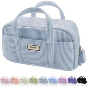 imageSooez Large Pencil Case Pouch Extra Big Pencil Bag with 5 Compartments Pen Case Wide Opening Soft Corduroy Pen Bag Organizer with Zipper Cute Aesthetic School Supplies for Teen Girls PinkBlue