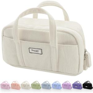 imageSooez Large Pencil Case Pouch Extra Big Pencil Bag with 5 Compartments Pen Case Wide Opening Soft Corduroy Pen Bag Organizer with Zipper Cute Aesthetic School Supplies for Teen Girls PinkBeige