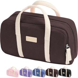 imageSooez Large Pencil Case Pouch Extra Big Pencil Bag with 5 Compartments Pen Case Wide Opening Soft Corduroy Pen Bag Organizer with Zipper Cute Aesthetic School Supplies for Teen Girls PinkBrown with Beige Handle