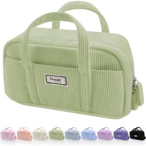 imageSooez Large Pencil Case Pouch Extra Big Pencil Bag with 5 Compartments Pen Case Wide Opening Soft Corduroy Pen Bag Organizer with Zipper Cute Aesthetic School Supplies for Teen Girls PinkGreen