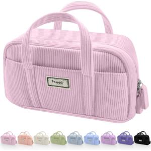 imageSooez Large Pencil Case Pouch Extra Big Pencil Bag with 5 Compartments Pen Case Wide Opening Soft Corduroy Pen Bag Organizer with Zipper Cute Aesthetic School Supplies for Teen Girls PinkLight Pink
