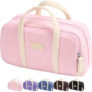 imageSooez Large Pencil Case Pouch Extra Big Pencil Bag with 5 Compartments Pen Case Wide Opening Soft Corduroy Pen Bag Organizer with Zipper Cute Aesthetic School Supplies for Teen Girls PinkPink with Beige Handle