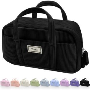 imageSooez Large Pencil Case Pouch Extra Big Pencil Bag with 5 Compartments Pen Case Wide Opening Soft Corduroy Pen Bag Organizer with Zipper Cute Aesthetic School Supplies for Teen Girls PinkBlack