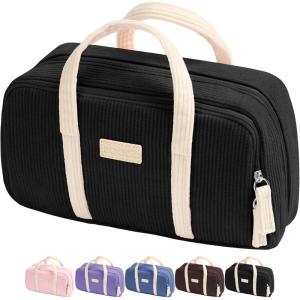 imageSooez Large Pencil Case Pouch Extra Big Pencil Bag with 5 Compartments Pen Case Wide Opening Soft Corduroy Pen Bag Organizer with Zipper Cute Aesthetic School Supplies for Teen Girls PinkBlack with Beige Handle