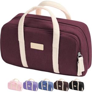 imageSooez Large Pencil Case Pouch Extra Big Pencil Bag with 5 Compartments Pen Case Wide Opening Soft Corduroy Pen Bag Organizer with Zipper Cute Aesthetic School Supplies for Teen Girls PinkRed with Beige Handle
