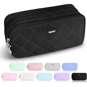 imageSooez Large Pencil Case PouchExtra Big Pencil Bag with 8 CompartmentsPen Bag Wide OpeningSoft Quilted Pencil Pouch Organizer with ZipperPortable Pencil Case for Teen GirlsBeigeBlack