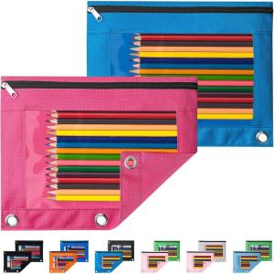 imageSooez Pencil Pouch for 3 Ring Binder 2 Pack Binder Pencil Pouch with Clear Window Pencil Bags with Zipper ampamp Reinforced Grommets Pencil Case for Binder Black ampamp BlackRose  Azure Blue