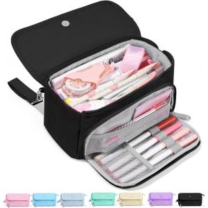 imageSooez Super Large Pencil Case Big Capacity Pencil Bag with 3 Compartments Hold 200 pencils Cute Pencil Pouch with Zipper Portable Stationery Pen Bag Aesthetic School Supplies For Girls PinkBlack