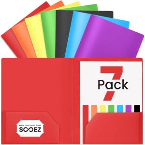 imageSooez 7 Pack Folders with Pockets 2 Pocket Folders with Extra Labels Plastic Folder with Pockets Heavy Duty File Folder Bulk School Business Office Filing SuppliesBright Rainbow