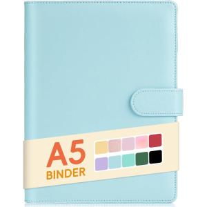 imageSooez A5 Notebook Binder 6 Ring Planner with Stylish Design Loose Leaf Personal Organizer Cover with Magnetic Buckle Closure PU Leather Binder for Women with Macaron Colors Olive GreenMint Blue