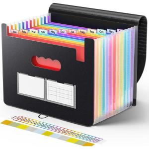 imageSooez Accordion File Organizer 13 Pockets Expanding File Folder Portable Monthly Paper Bill Tax Receipt Organizer Letter A4 Size Document Holder with Blank Labels BlackBlack