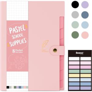 imageSooez Aesthetic 8 Pocket Accordion File Organizer Pastel Expanding File Folder for Important Document with Labels Portable Receipt Bill Organizer for Office School Supplies Letter Size Olive GreenPink