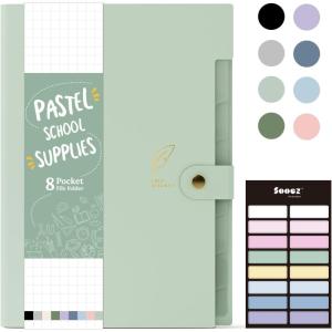 imageSooez Aesthetic 8 Pocket Accordion File Organizer Pastel Expanding File Folder for Important Document with Labels Portable Receipt Bill Organizer for Office School Supplies Letter Size Olive GreenLight Green