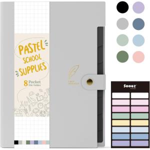 imageSooez Aesthetic 8 Pocket Accordion File Organizer Pastel Expanding File Folder for Important Document with Labels Portable Receipt Bill Organizer for Office School Supplies Letter Size Olive GreenLight Grey