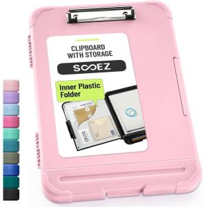imageSooez Reinforced Clipboard with Storage Inner Plastic Folder Attached Heavy Duty Plastic Clip Boards 85x11 with Pen Holder High Capacity Nursing Clipboard for Teacher Office Home Letter  A4 SizeBaby Pink