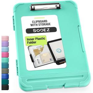 imageSooez Reinforced Clipboard with Storage Inner Plastic Folder Attached Heavy Duty Plastic Clip Boards 85x11 with Pen Holder High Capacity Nursing Clipboard for Teacher Office Home Letter  A4 SizeMint Green