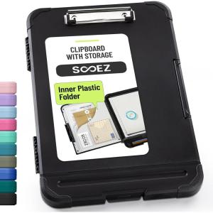 imageSooez Reinforced Clipboard with Storage Inner Plastic Folder Attached Heavy Duty Plastic Clip Boards 85x11 with Pen Holder High Capacity Nursing Clipboard for Teacher Office Home Letter  A4 SizeBlack