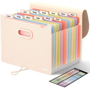 imageSooez Upgraded Accordion File Organizer Expanding File Folder with Deeper 12 Pockets  Never Cover Up Index Tabs Monthly Bill Paper Receipt Document Organizer Letter A4 Size for Home Office SchoolCream With Rainbow Pocket