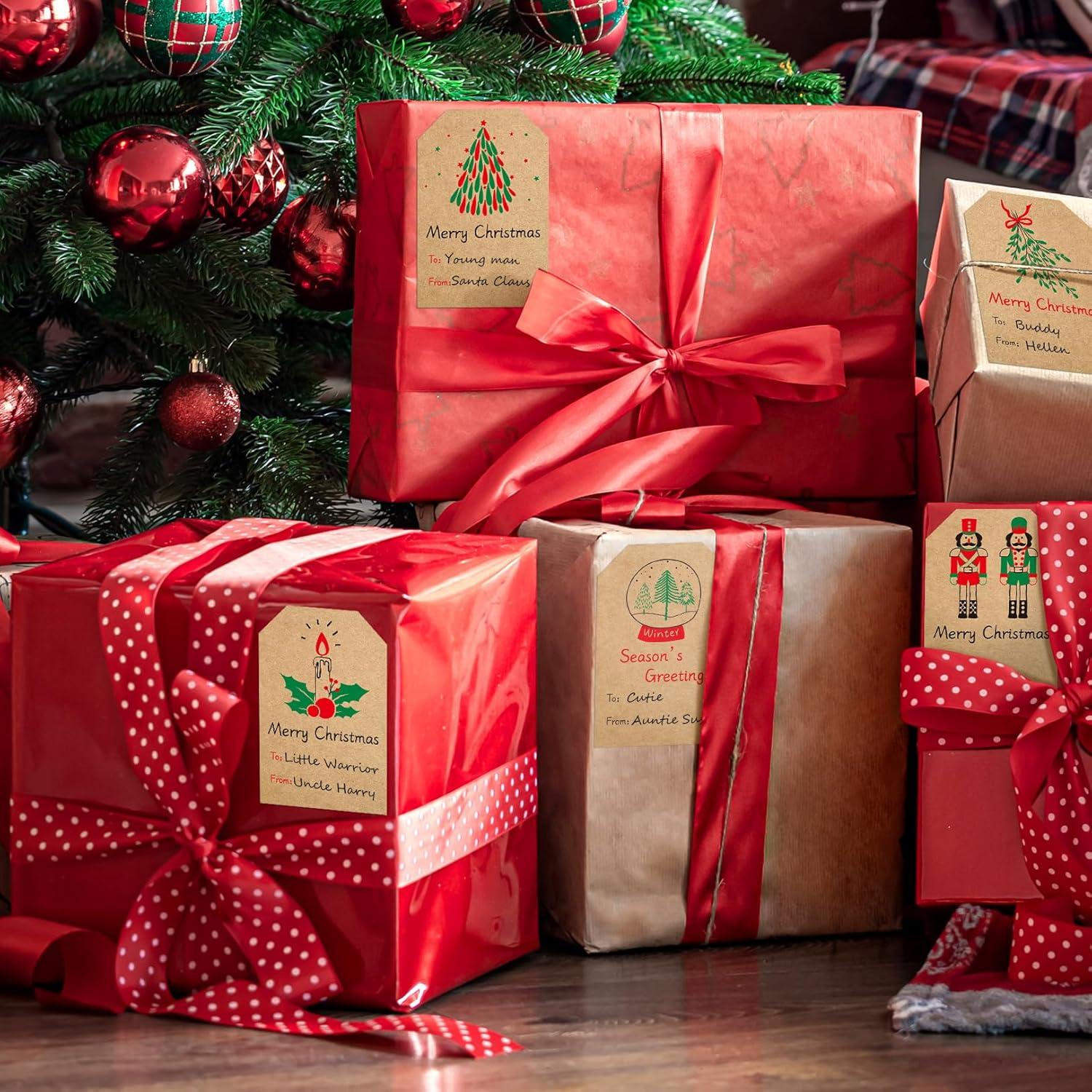 imageSooez Christmas Gift Tags Natural Kraft Gift Stickers for Christmas Presents Self Adhesive to and from Name Tags 120Pcs Xmas Present Labels for Holiday Wrapping Paper 8 Designs 2quot x 3quot GreenStyle1